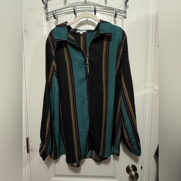 Ophelia Roe Blouse women’s plus sz 1X retro 70s vertical stripe roll tab sleeve - Picture 1 of 16